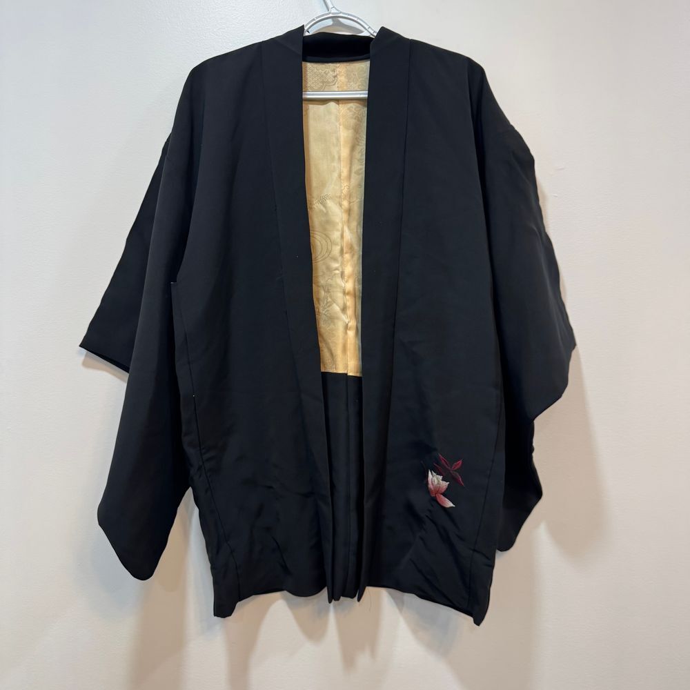 Haori Jacket‎ Vintage 50s 80s Black Pink Floral Cherry Blossom Silk Kimona
